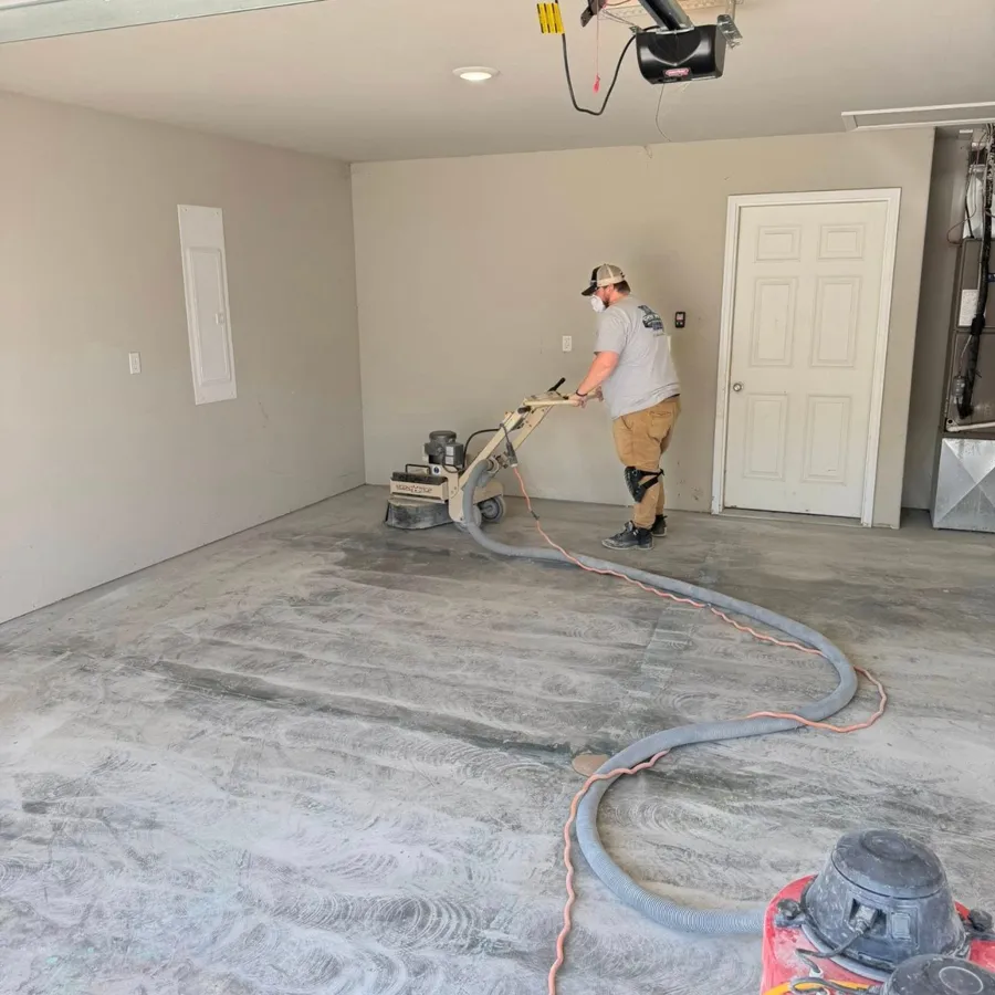 Diamond grinding existing concrete garage floor for epoxy surface prep Missouri