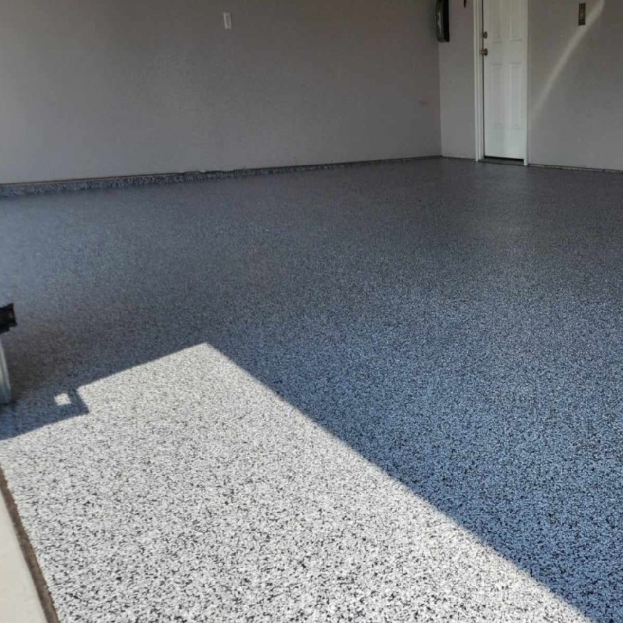 Epoxy garage floor blue gray two tone flake Lake of the Ozarks Missouri
