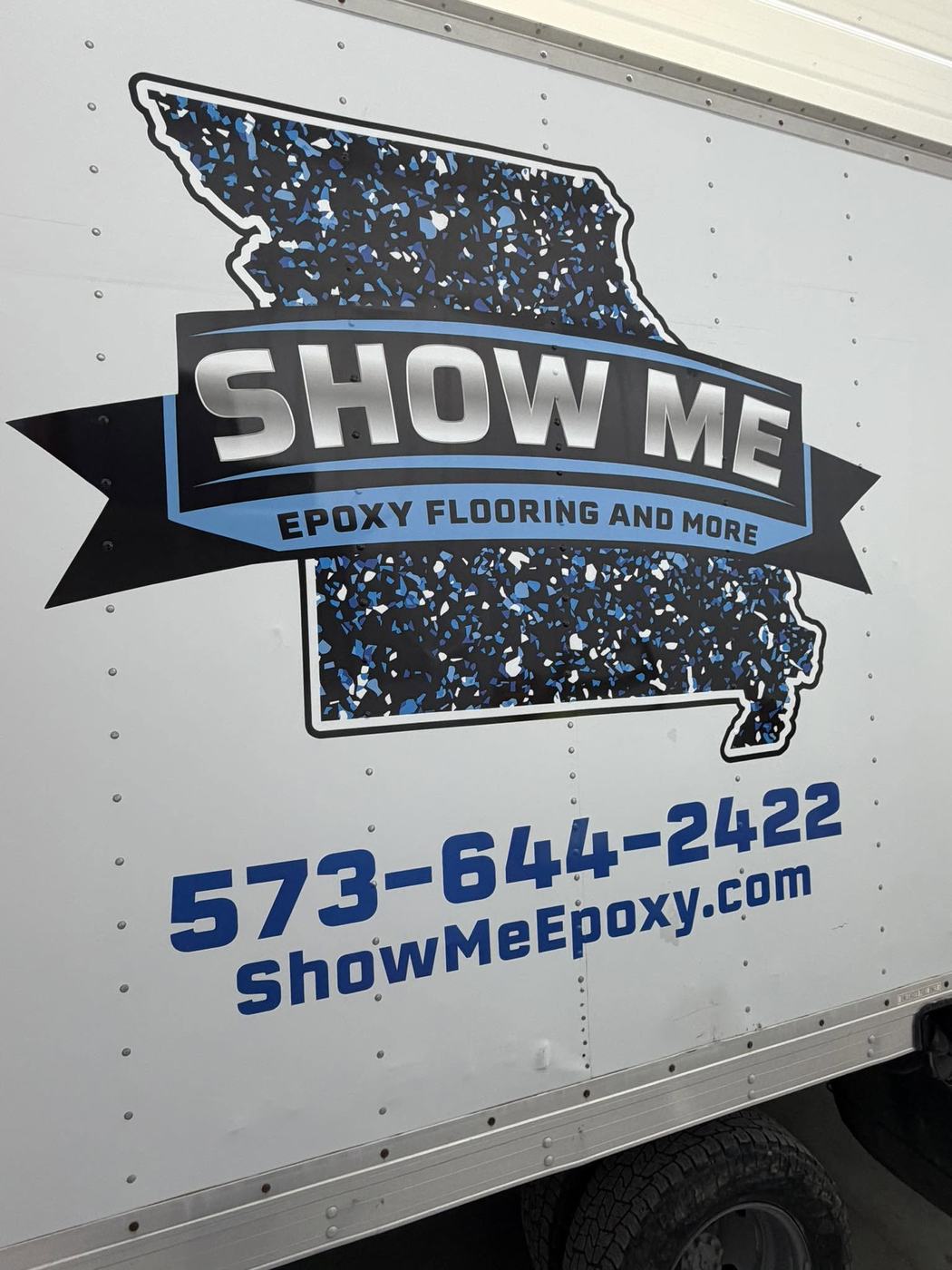 Show Me Epoxy logo decal closeup on work truck Missouri