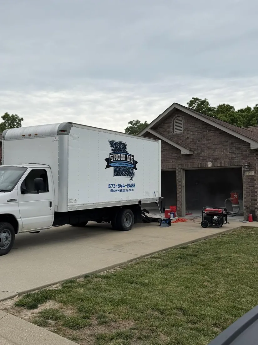 Show Me Epoxy work truck and equipment staged at job site Versailles Missouri